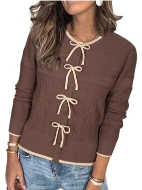 ARACH & CLOZ Brown Bow Front Knit Sweater Cardigan XL